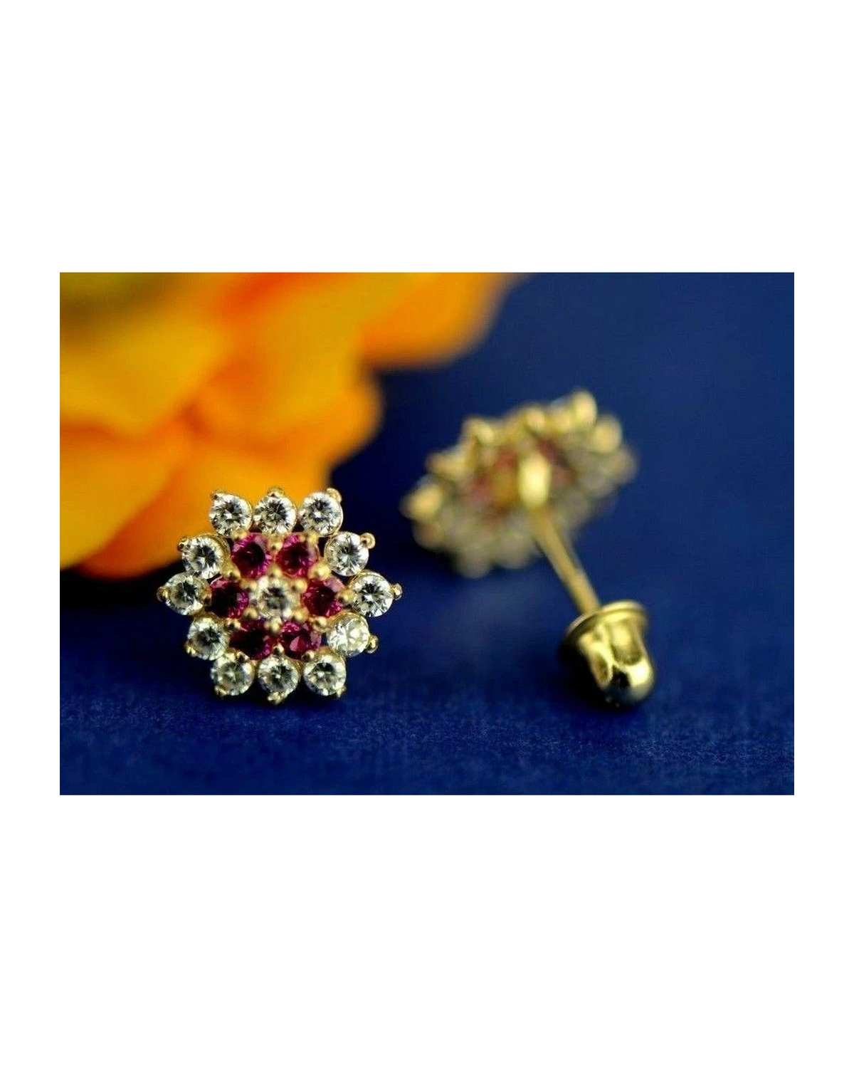 14K Yellow Gold Flower CZ Stud Earrings with Screw Back