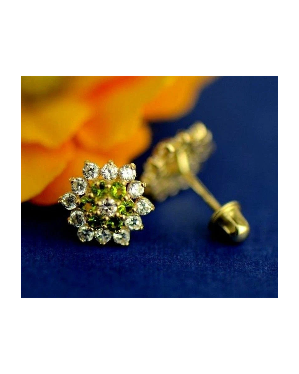 14K Yellow Gold Flower CZ Stud Earrings with Screw Back