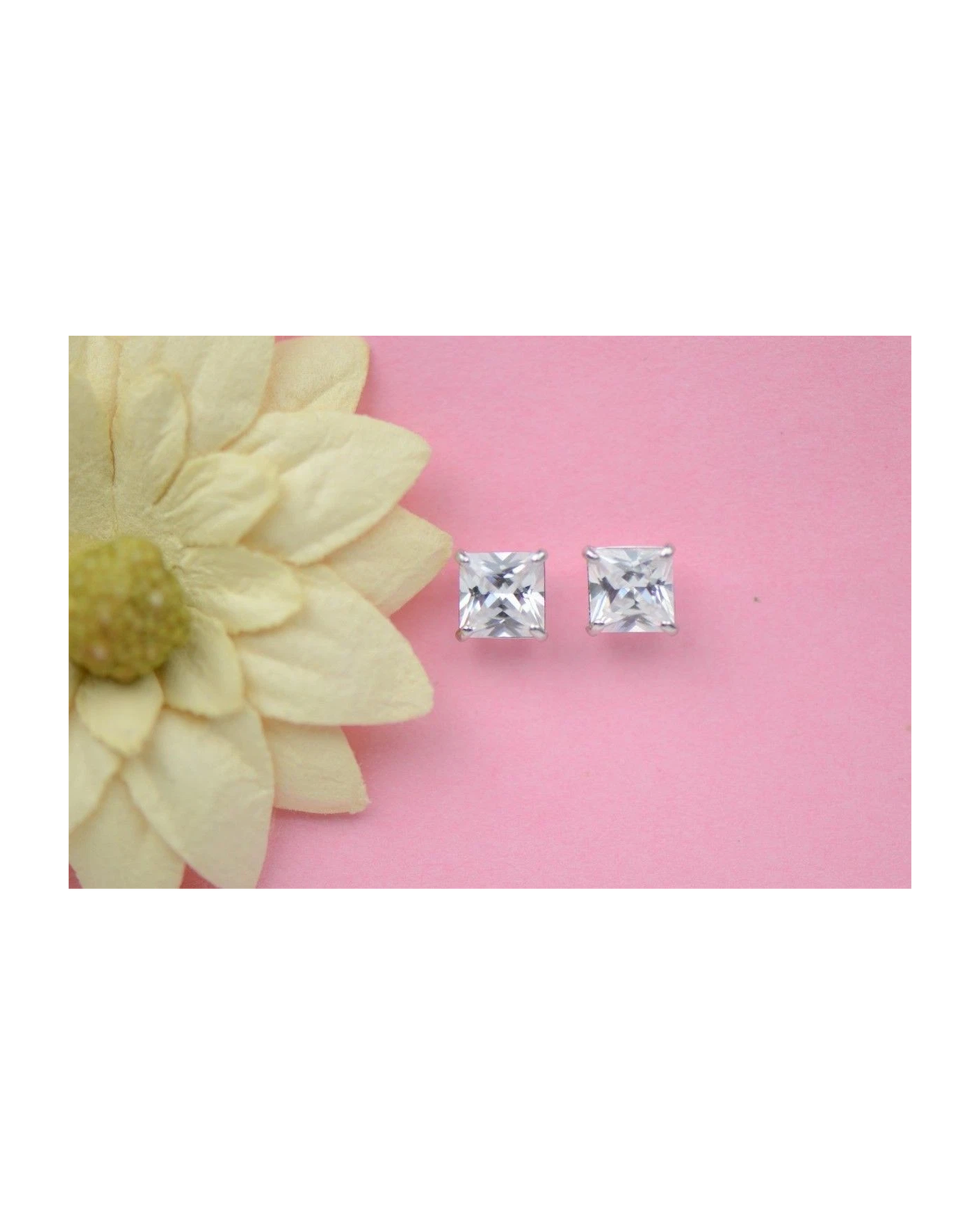 14K White Gold Square Princess Cut CZ Stud Earrings with Screw Back - 3mm to 7mm