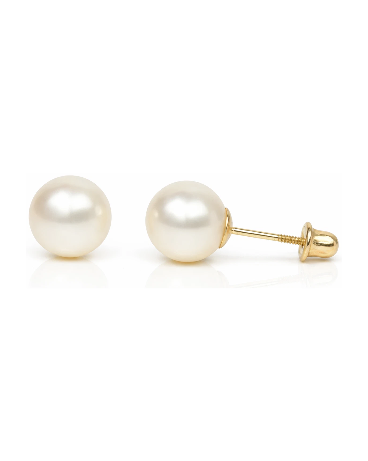14K Yellow Gold Genuine White Pearl Stud Earrings with Screw Back - 3mm to 8.5mm