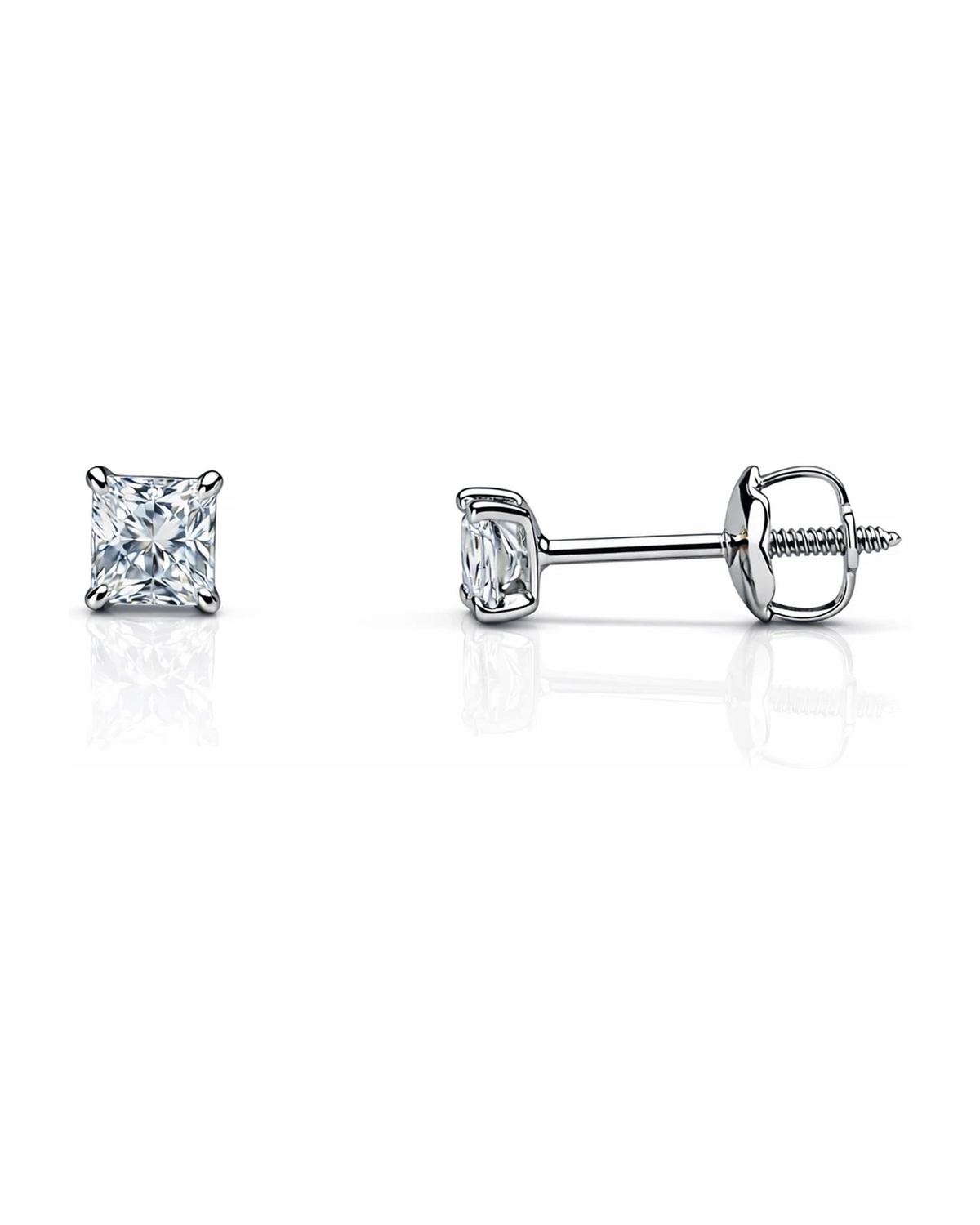14K White Gold Square CZ Stud Earrings with Screw Back - 3x3mm to 10x10mm