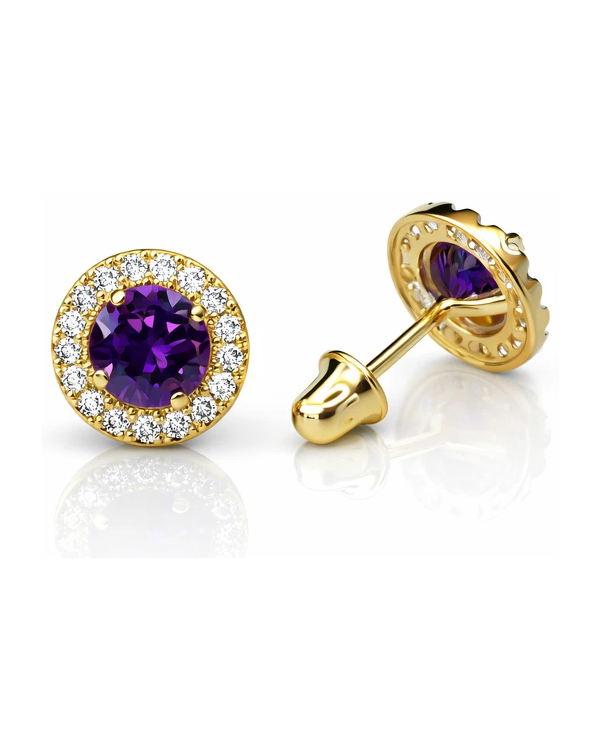14K Yellow Gold Halo CZ Stud Earrings with Screw Back