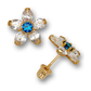 14K Yellow Gold Flower CZ Stud Earrings with Screw Back - Clear and Blue Topaz