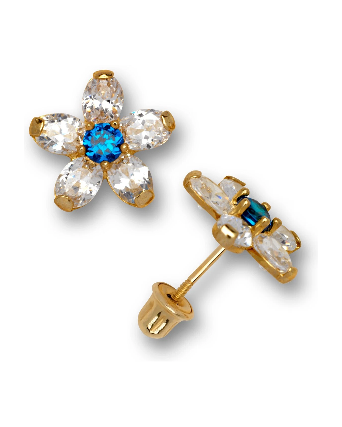 14K Yellow Gold Flower CZ Stud Earrings with Screw Back - Clear and Blue Topaz
