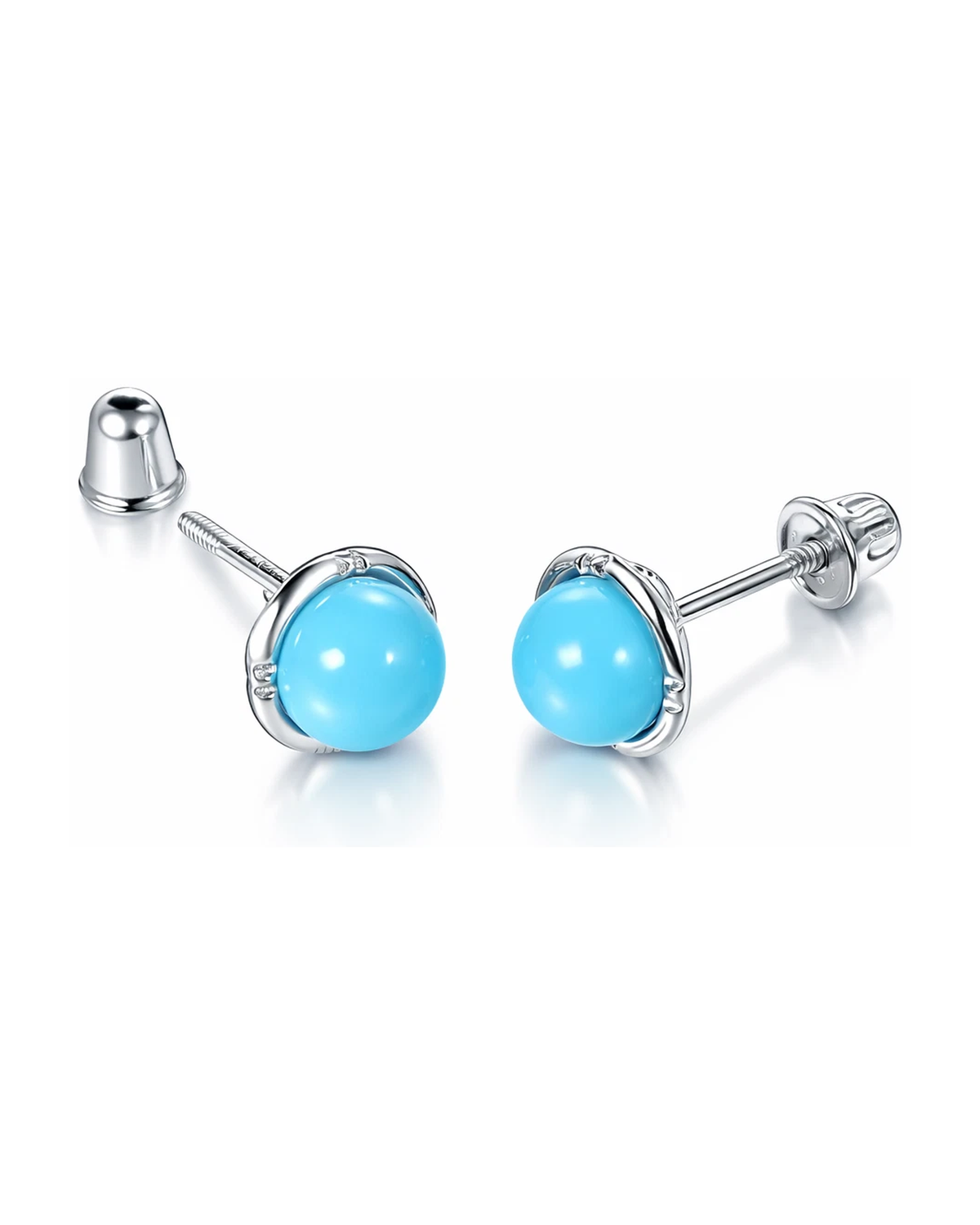 14K Yellow and White Gold Round Turquoise Stud Earrings with Screw Back