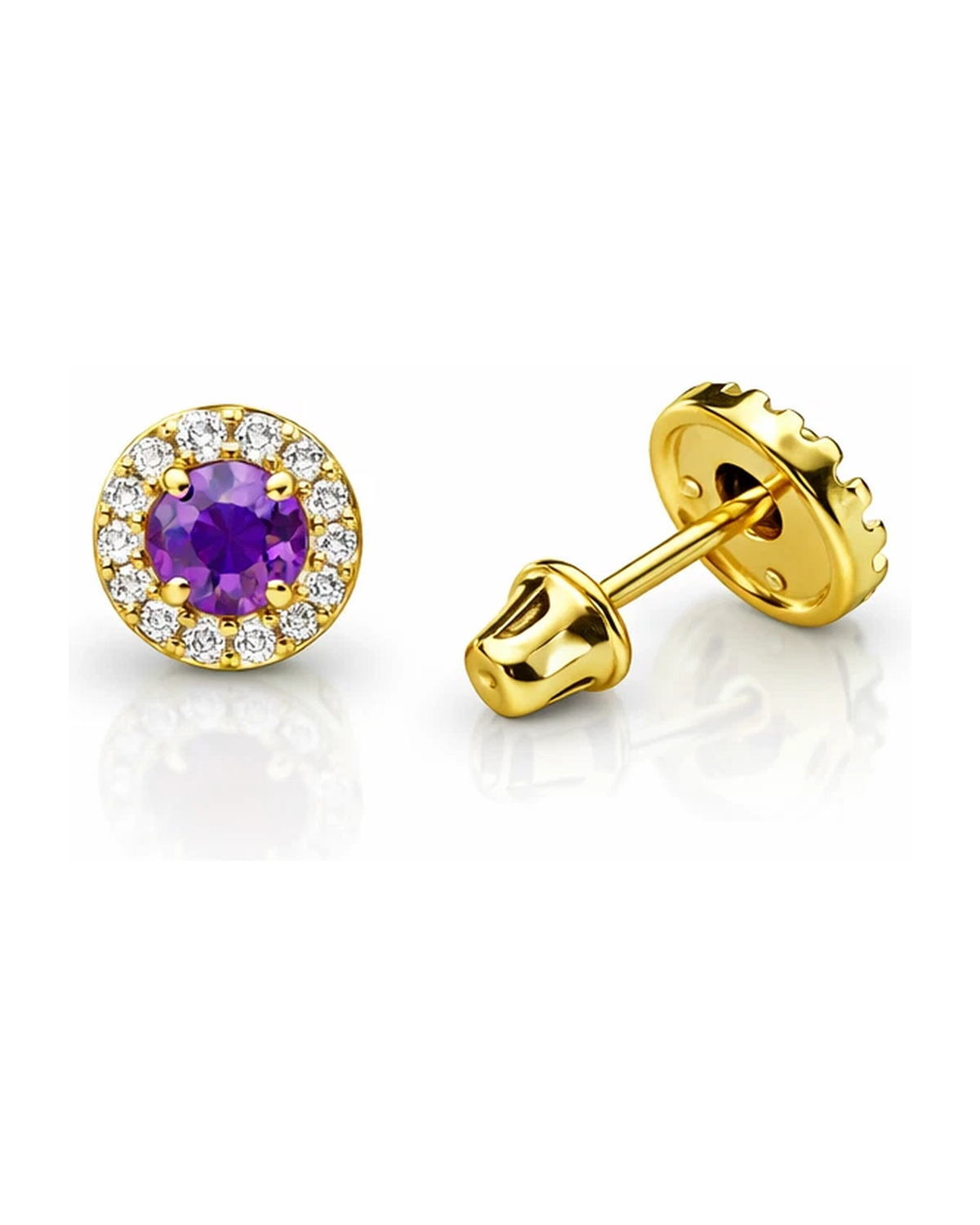 14K Yellow Gold Halo CZ Birthstone Stud Earrings with Screw Back