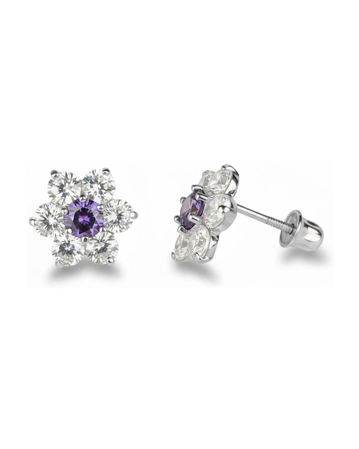 14K White Gold Flower CZ Stud Earrings with Screw Back