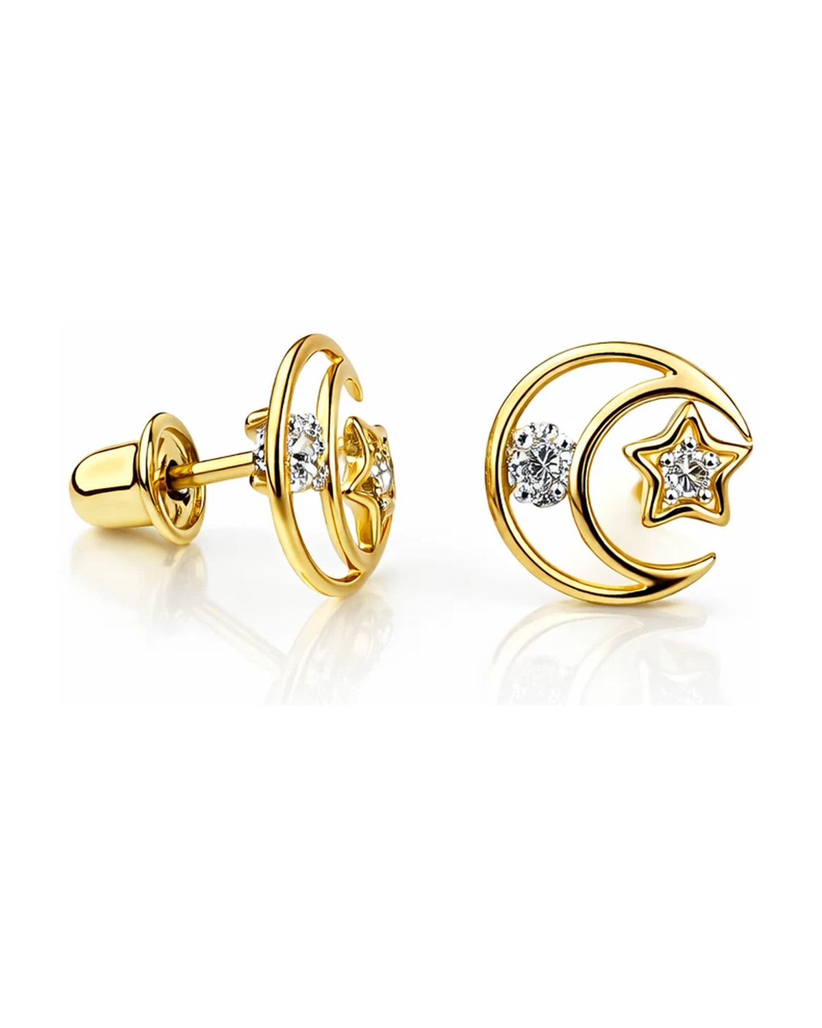 14K Yellow and White Gold Moon and Star CZ Stud Earrings with Screw Back