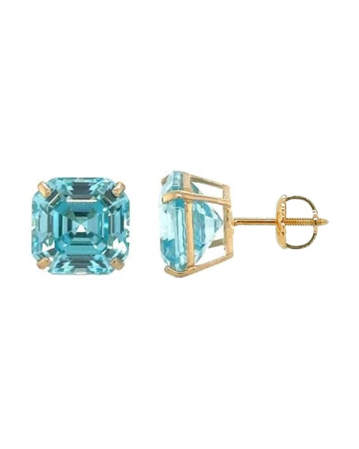14K Yellow Gold Asscher Cut CZ Stud Earrings with Screw Back - 5mm to 10mm