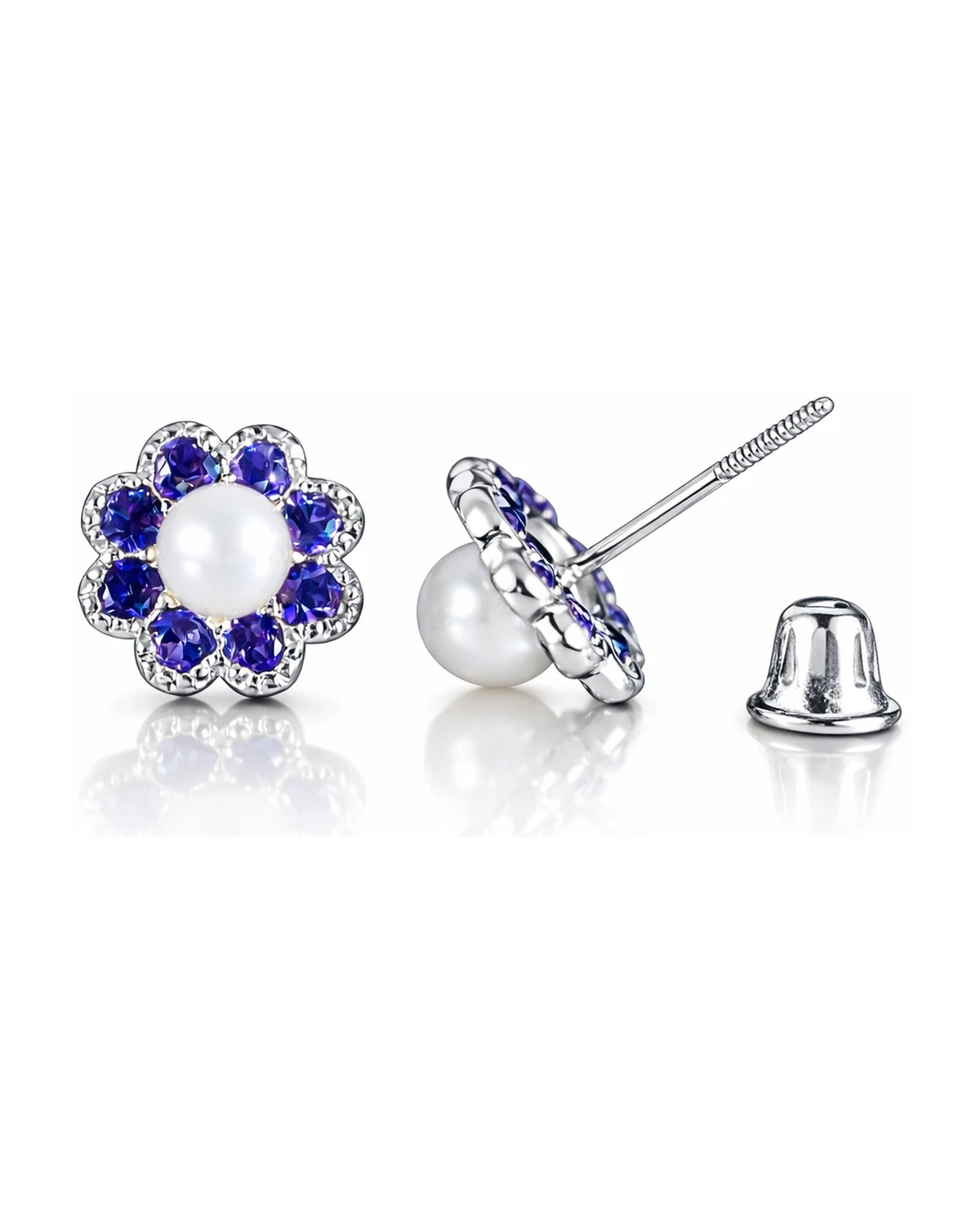 14K Yellow and White Gold Flower Pearl CZ Birthstone Stud Earrings with Screw Back