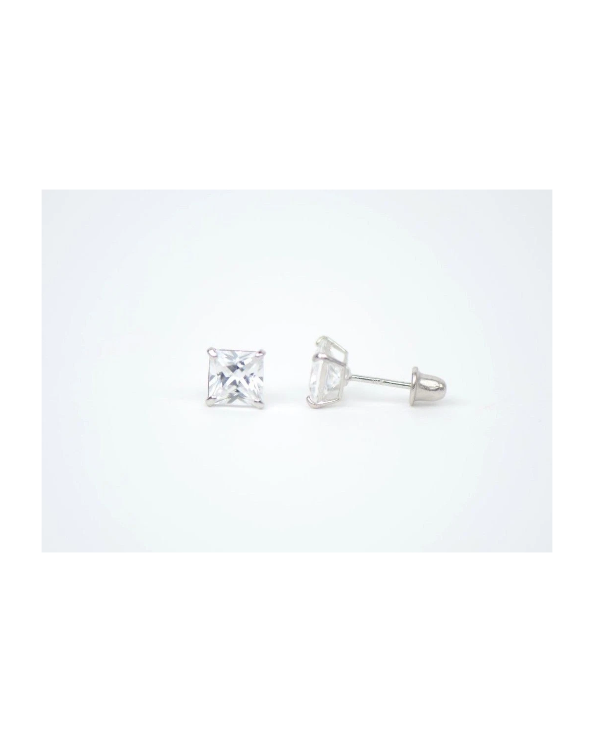 14K White Gold Square Princess Cut CZ Stud Earrings with Screw Back - 3mm to 7mm