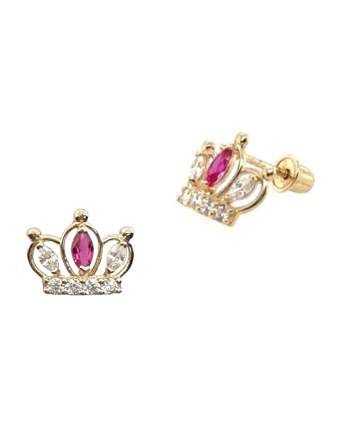 14K Yellow Gold Crown CZ Stud Earrings with Screw Back
