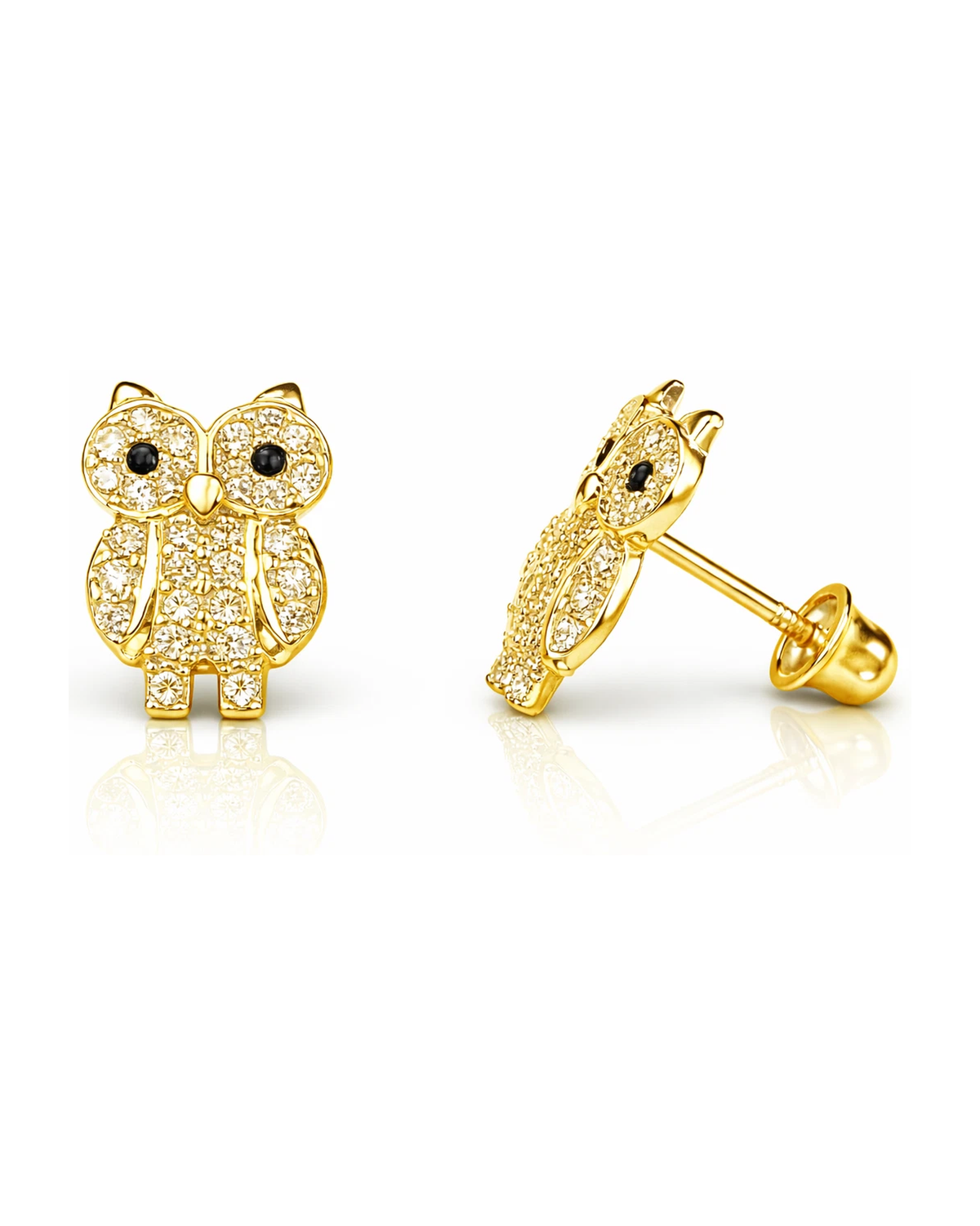 14K Yellow and White Gold Owl CZ Stud Earrings with Screw Back