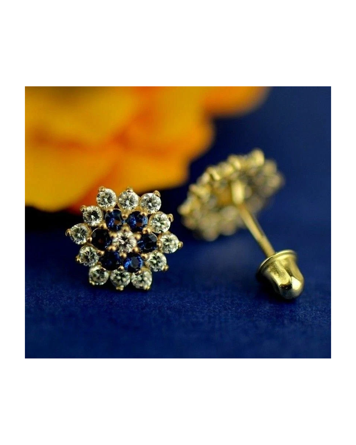 14K Yellow Gold Flower CZ Stud Earrings with Screw Back
