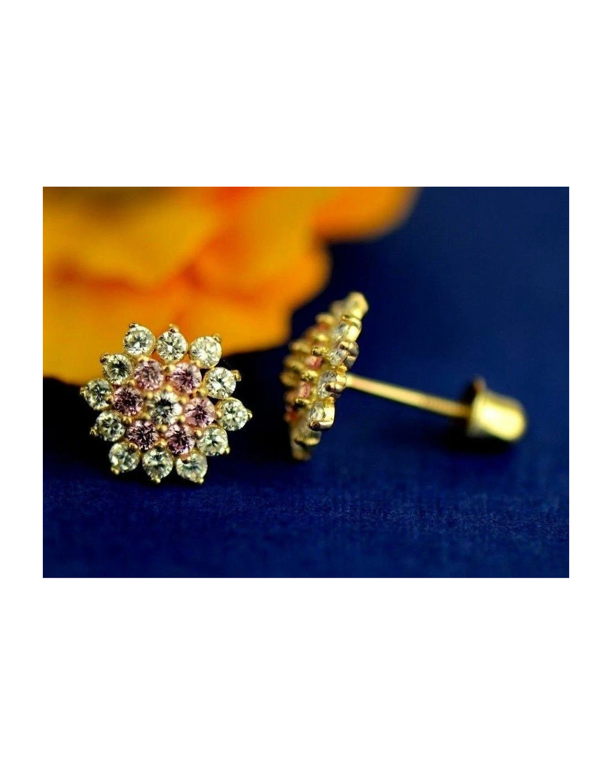 14K Yellow Gold Flower CZ Stud Earrings with Screw Back