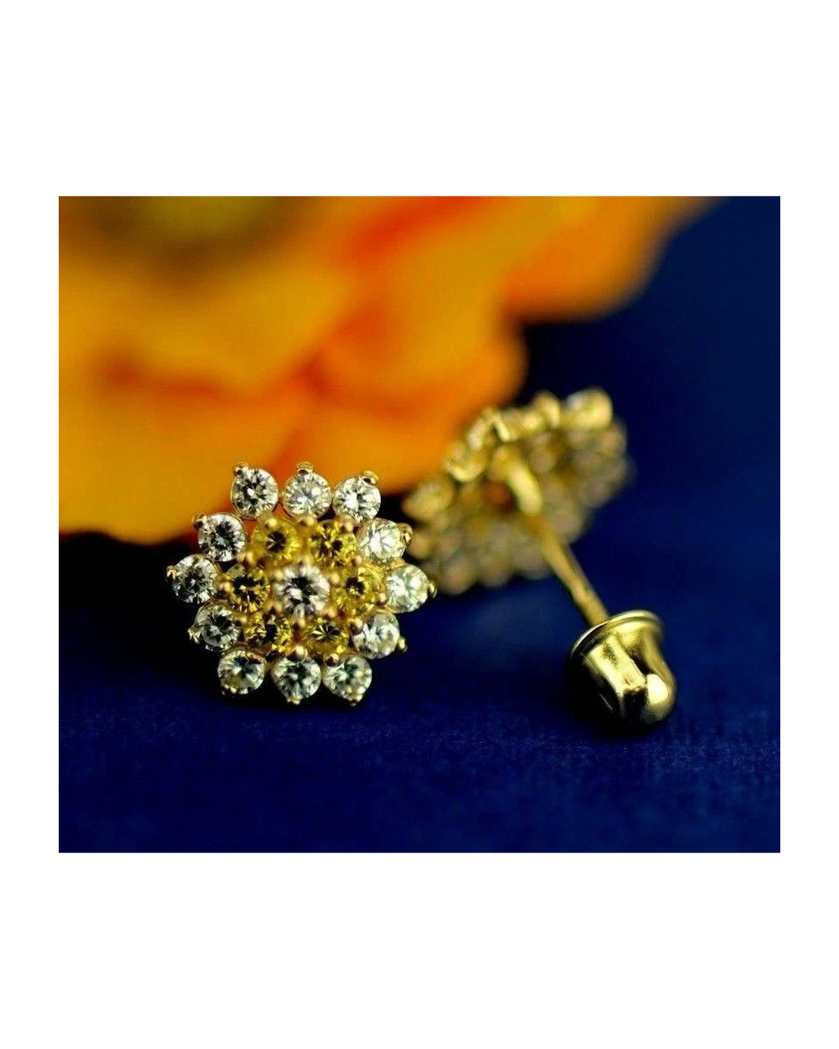 14K Yellow Gold Flower CZ Stud Earrings with Screw Back