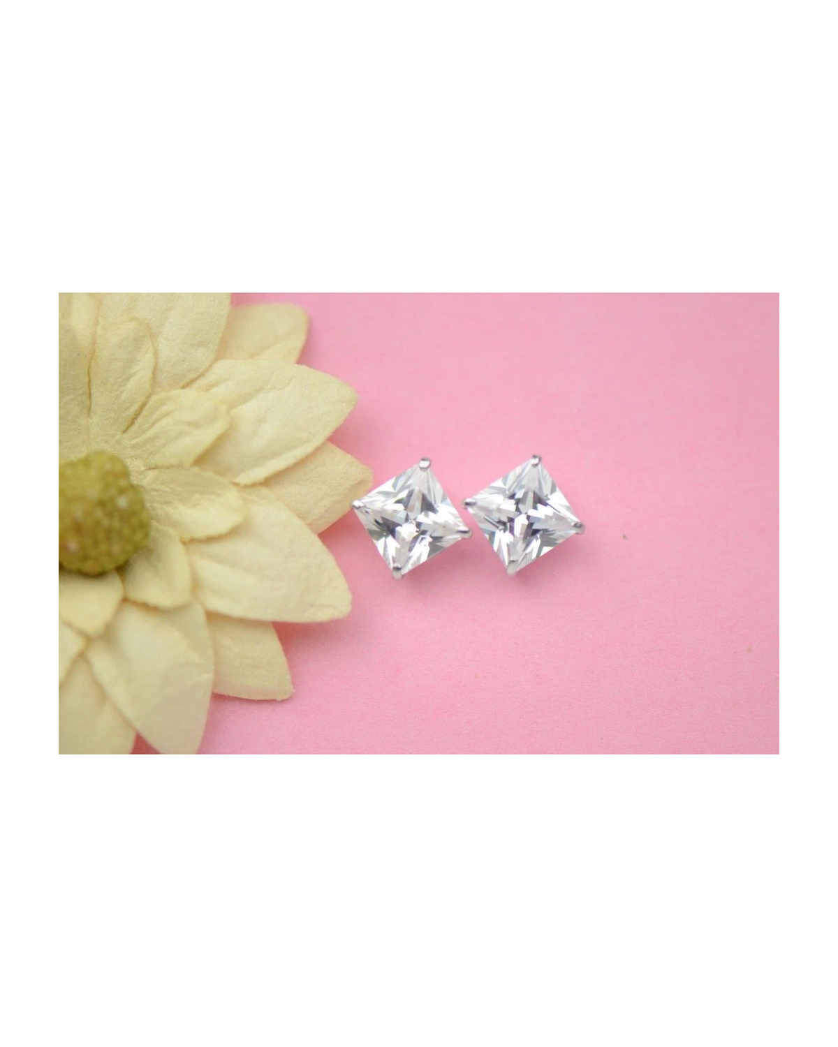 14K White Gold Square Princess Cut CZ Stud Earrings with Screw Back - 3mm to 7mm