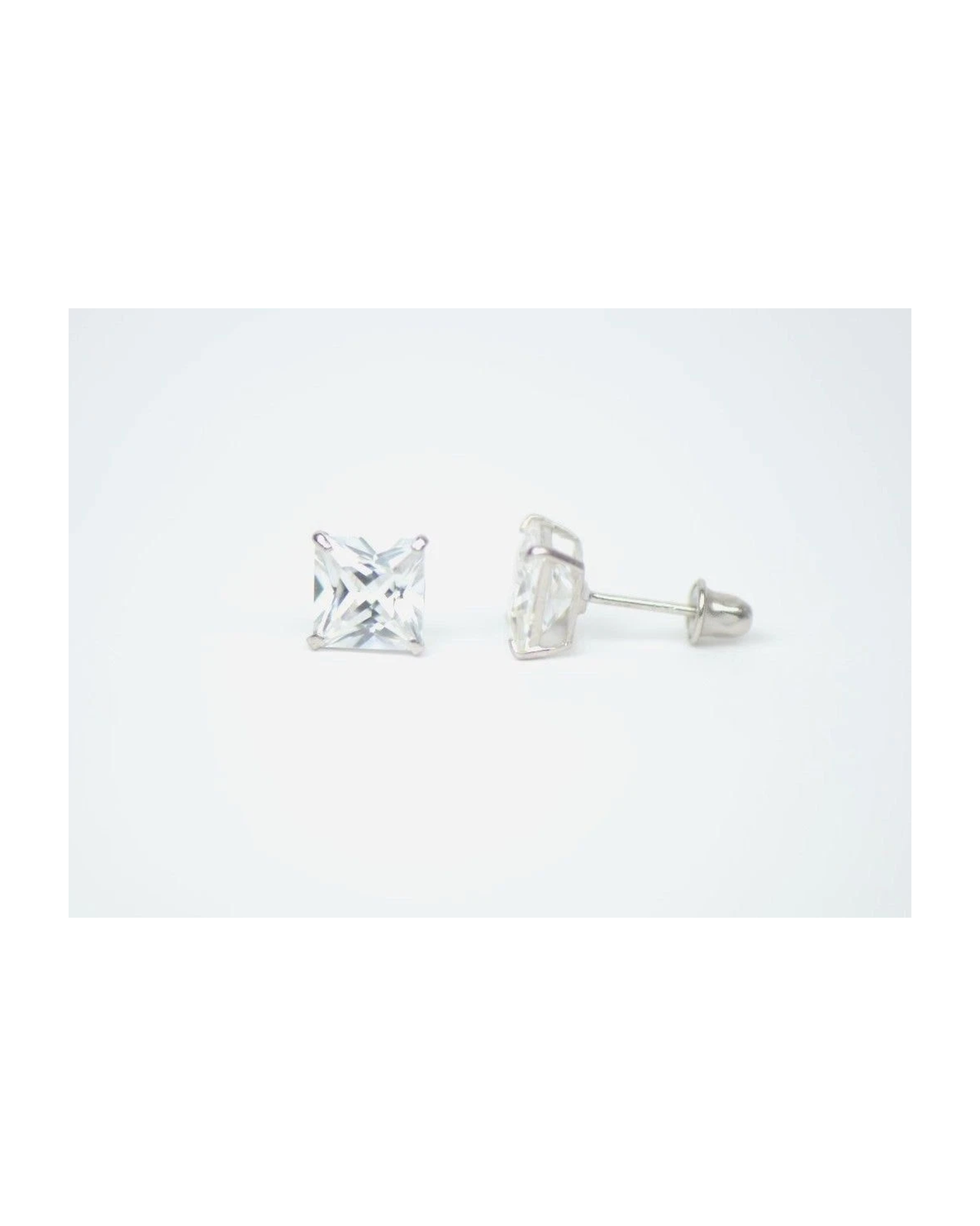 14K White Gold Square Princess Cut CZ Stud Earrings with Screw Back - 3mm to 7mm