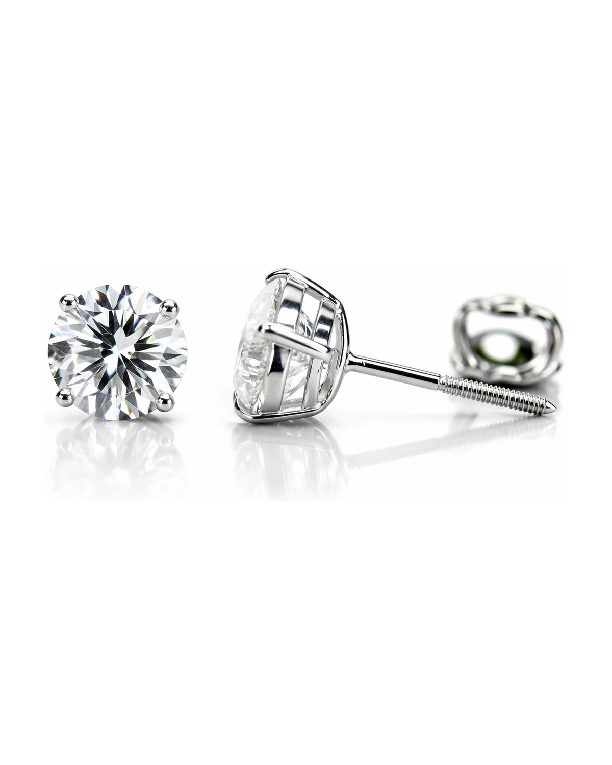 14K White Gold Round CZ Stud Earrings with Screw Back - 3mm to 12mm
