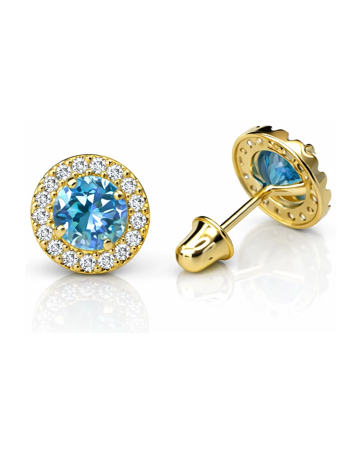 14K Yellow Gold Halo CZ Stud Earrings with Screw Back