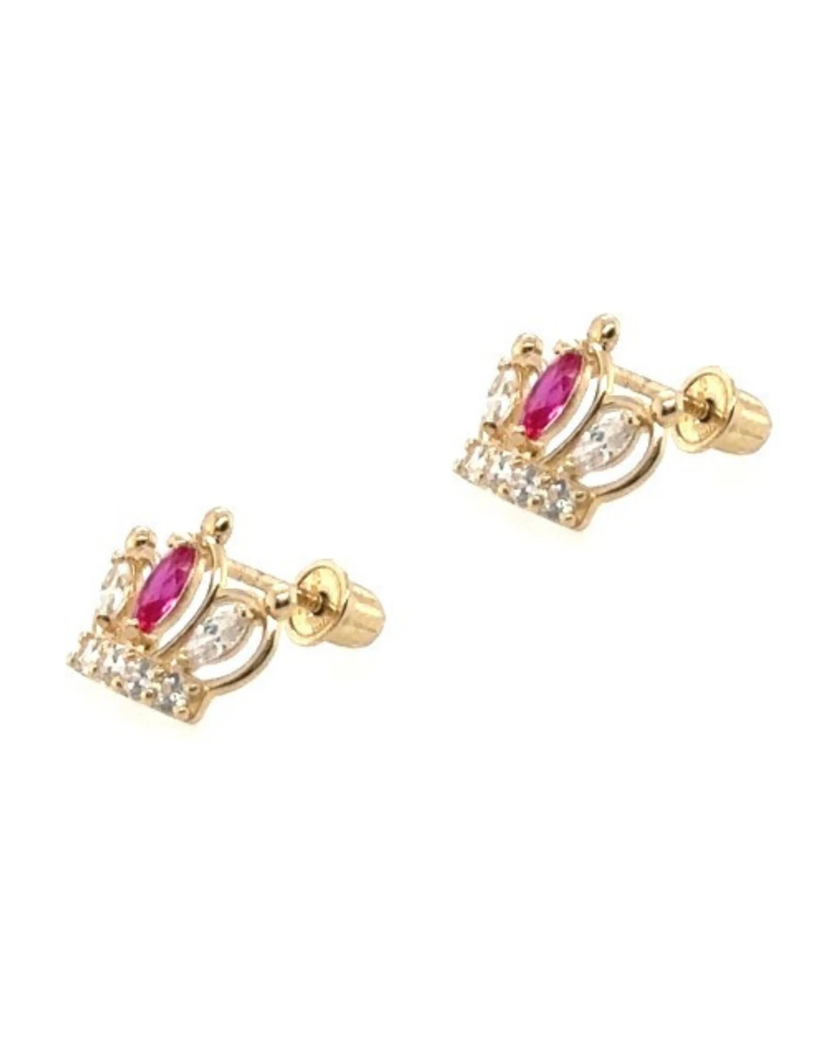 14K Yellow Gold Crown CZ Stud Earrings with Screw Back