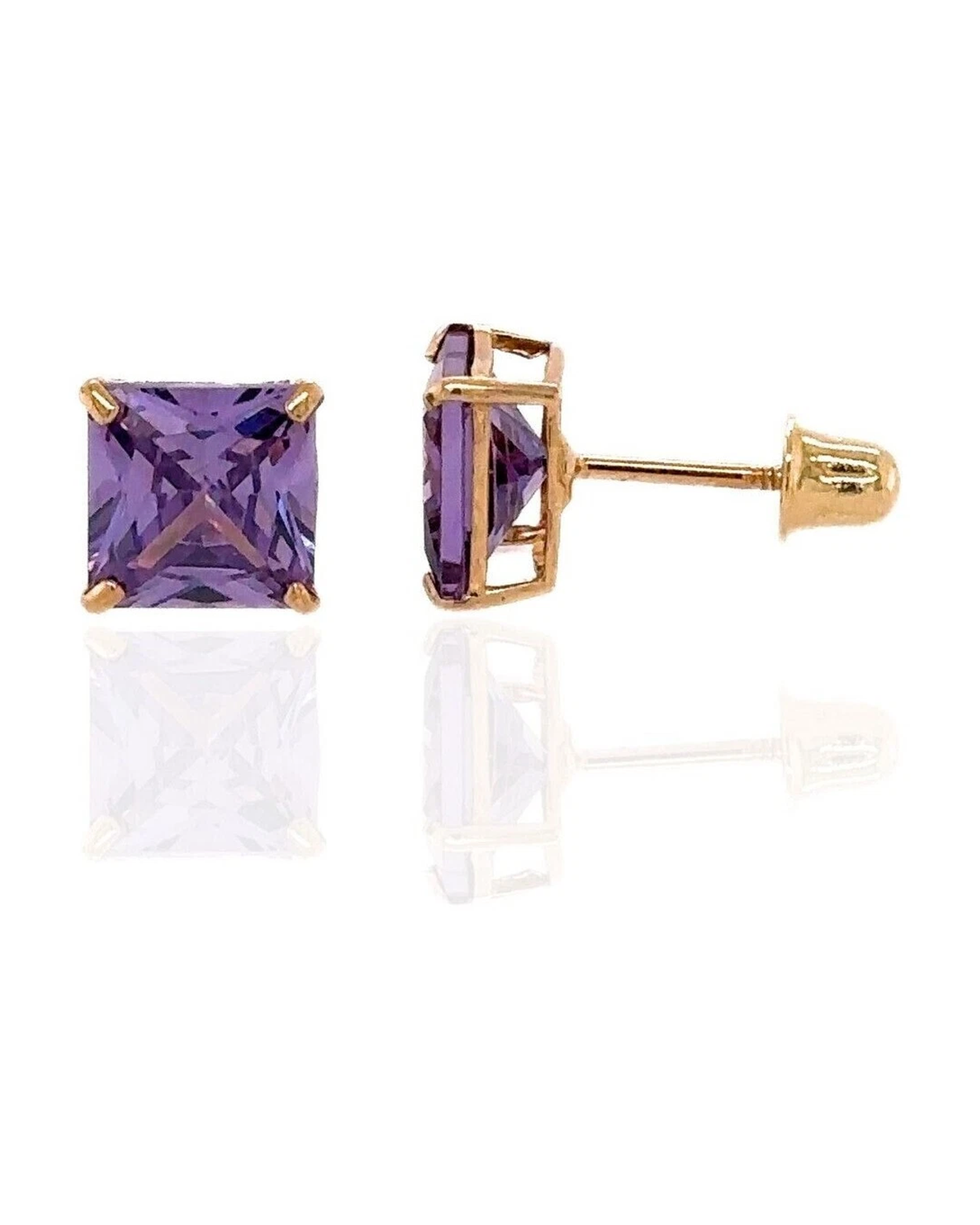14K Yellow Gold Square Princess Cut CZ Birthstone Stud Earrings with Screw Back - 3mm to 7mm