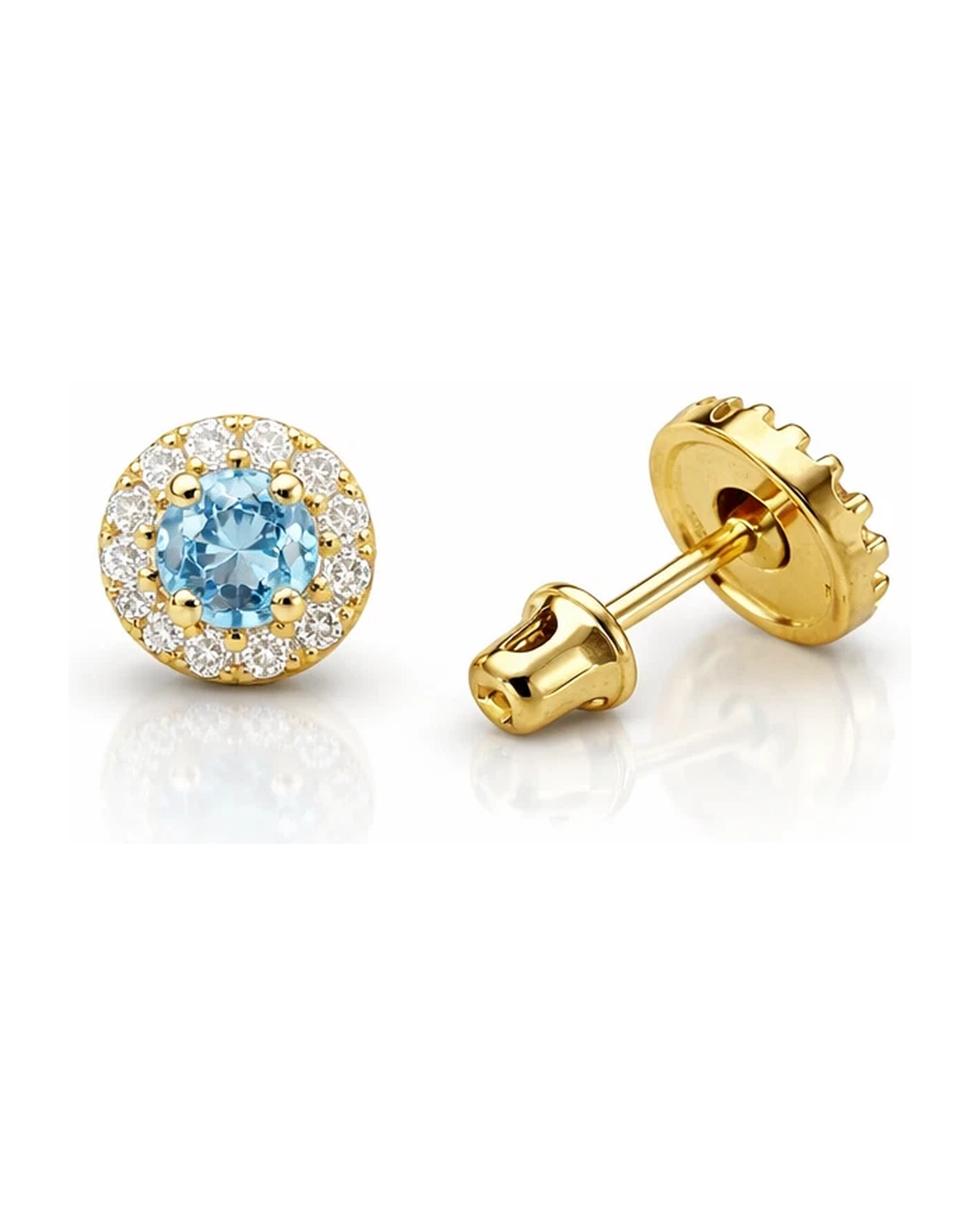 14K Yellow Gold Halo CZ Birthstone Stud Earrings with Screw Back