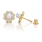14K Yellow and White Gold Flower Pearl CZ Birthstone Stud Earrings with Screw Back