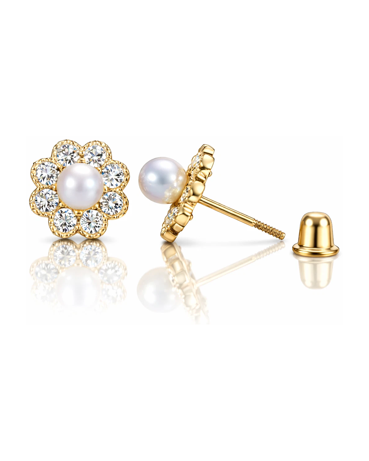 14K Yellow and White Gold Flower Pearl CZ Birthstone Stud Earrings with Screw Back