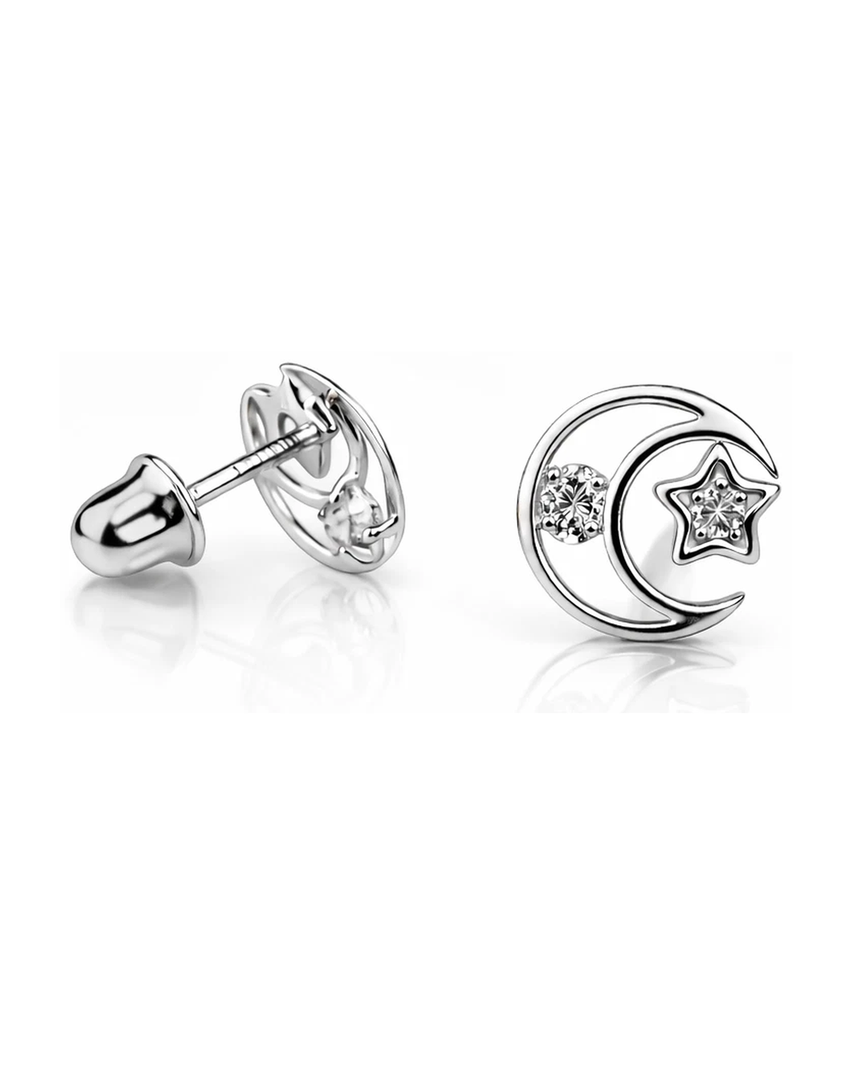 14K Yellow and White Gold Moon and Star CZ Stud Earrings with Screw Back