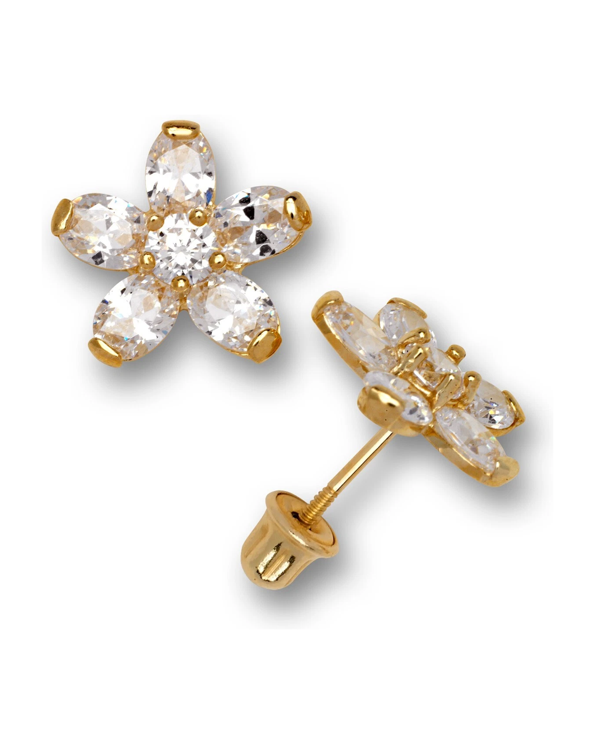 14K Yellow Gold Flower CZ Stud Earrings with Screw Back - Clear and Blue Topaz
