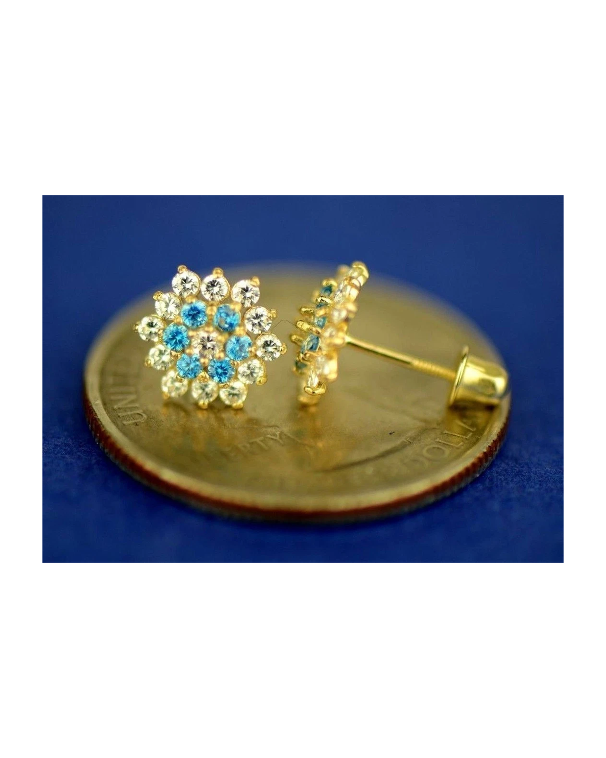 14K Yellow Gold Flower CZ Stud Earrings with Screw Back
