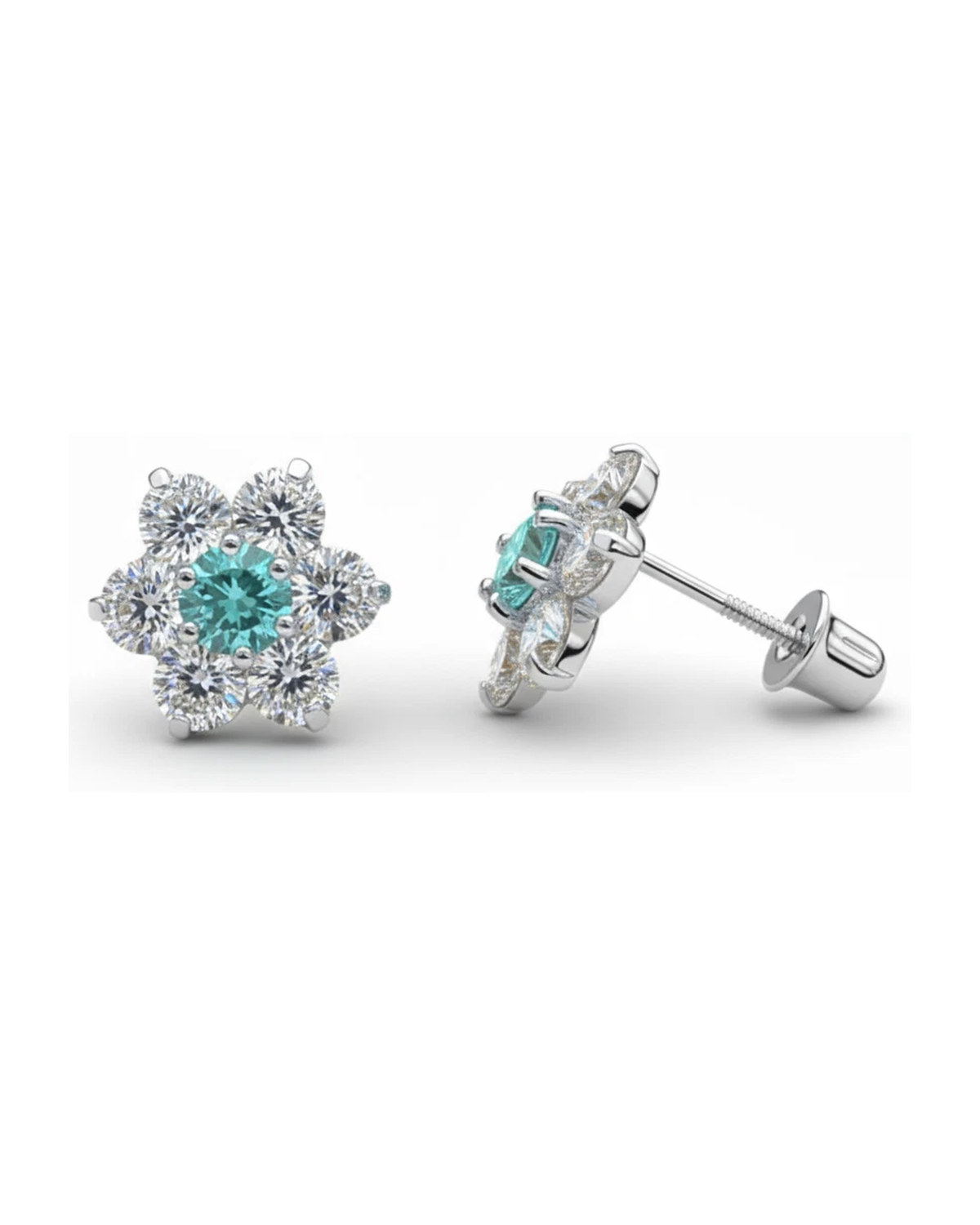 14K White Gold Flower CZ Stud Earrings with Screw Back