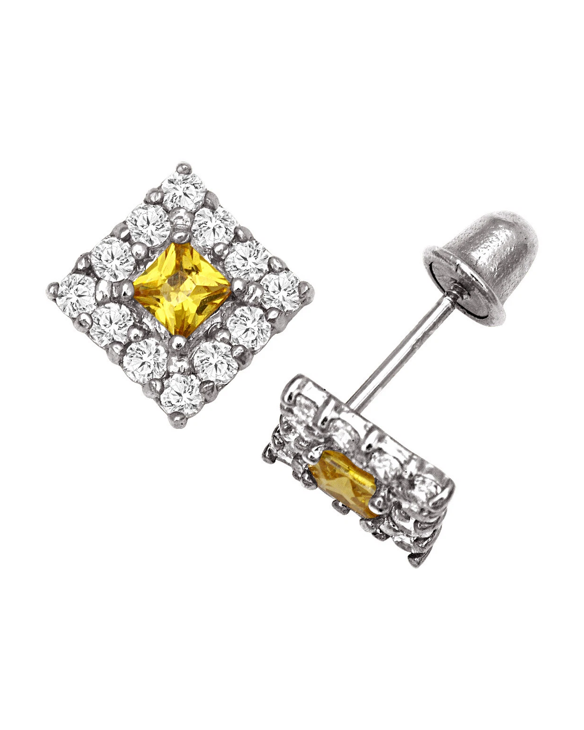 14K Yellow and White Gold CZ Birthstone Stud Earrings with Screw Back