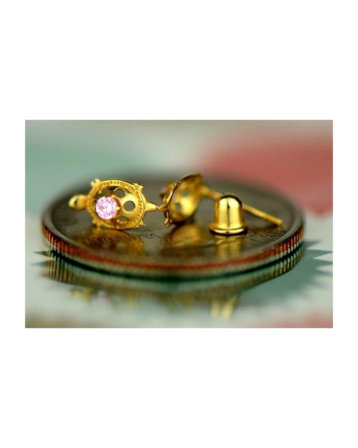 14K Yellow Gold Turtle CZ Stud Earrings with Screw Back