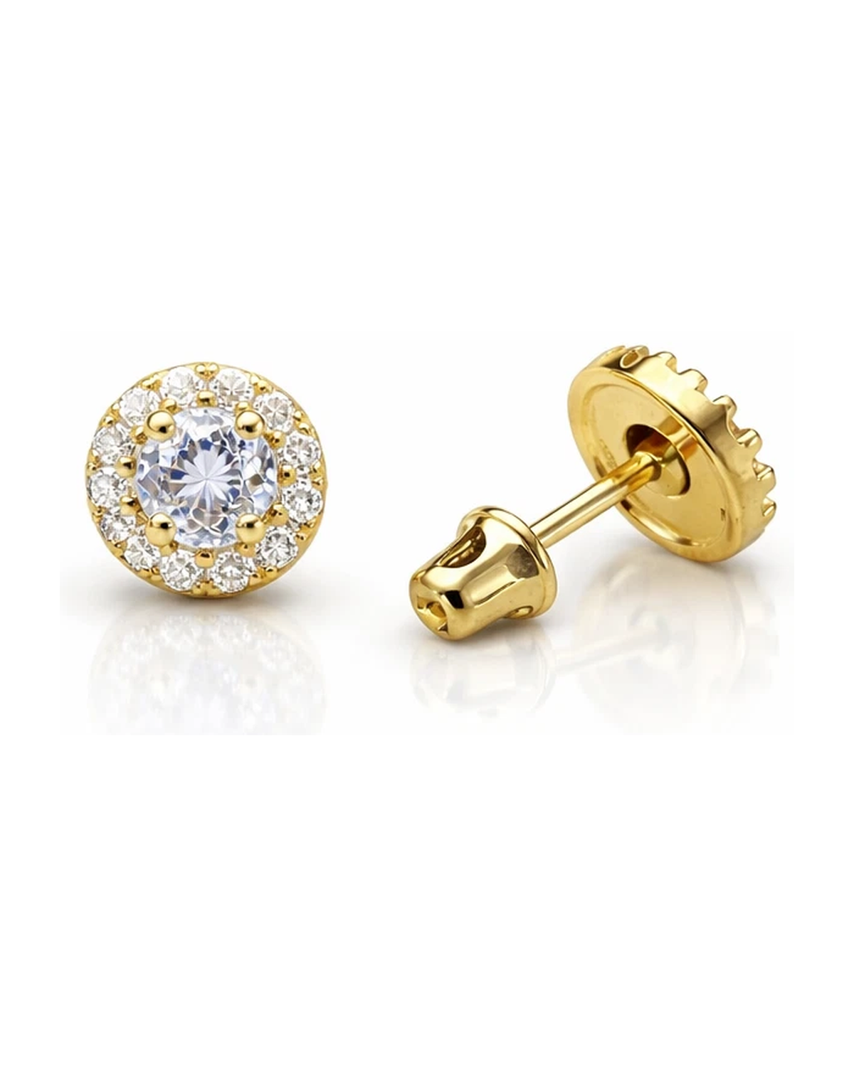 14K Yellow Gold Halo CZ Birthstone Stud Earrings with Screw Back