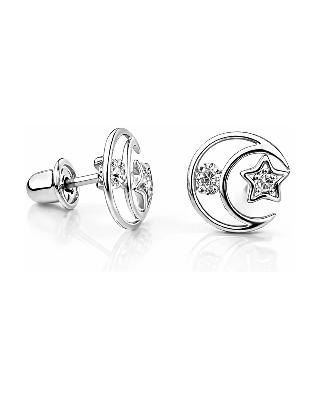 14K Yellow and White Gold Moon and Star CZ Stud Earrings with Screw Back