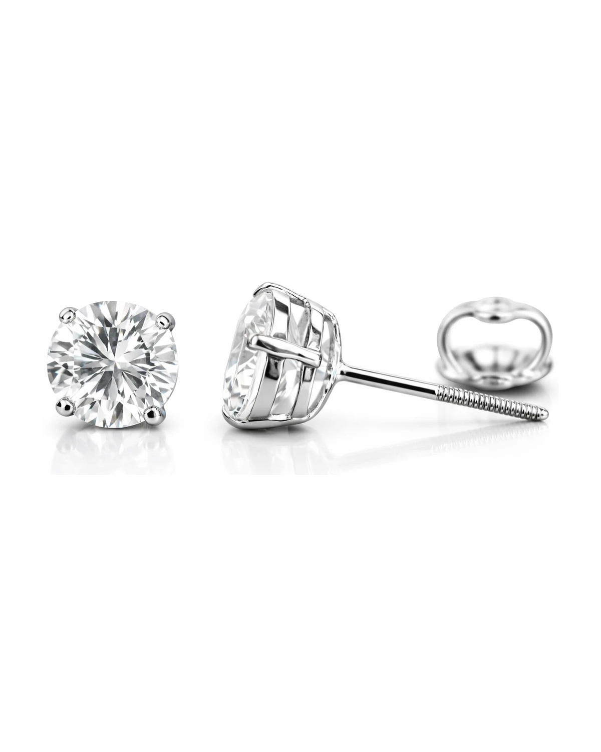 14K White Gold Round CZ Stud Earrings with Screw Back - 3mm to 12mm