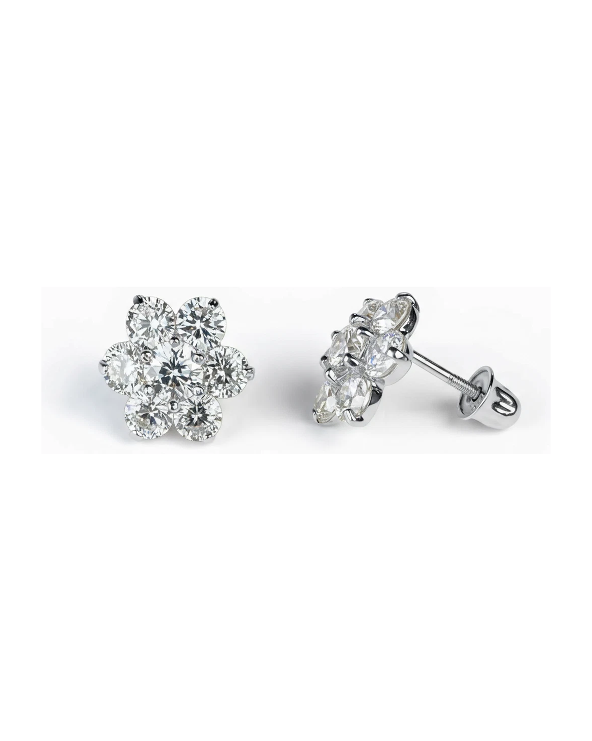 14K White Gold Flower CZ Stud Earrings with Screw Back