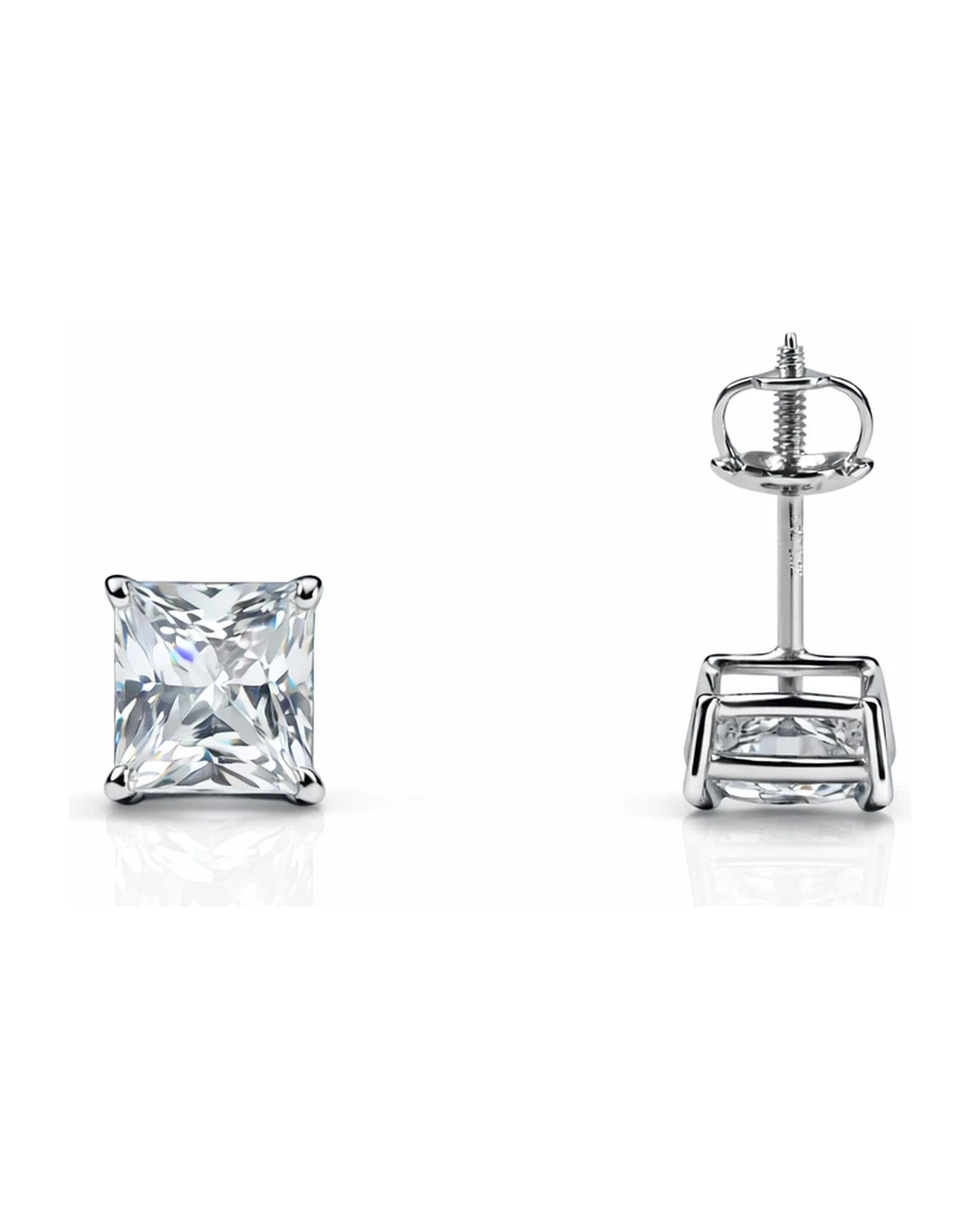14K White Gold Square CZ Stud Earrings with Screw Back - 3x3mm to 10x10mm