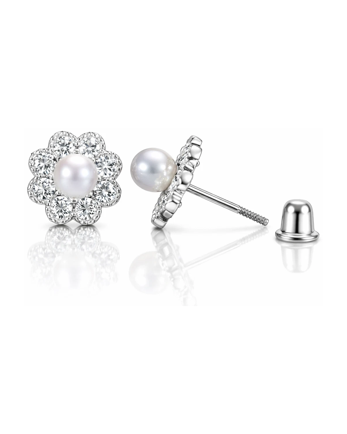 14K Yellow and White Gold Flower Pearl CZ Birthstone Stud Earrings with Screw Back