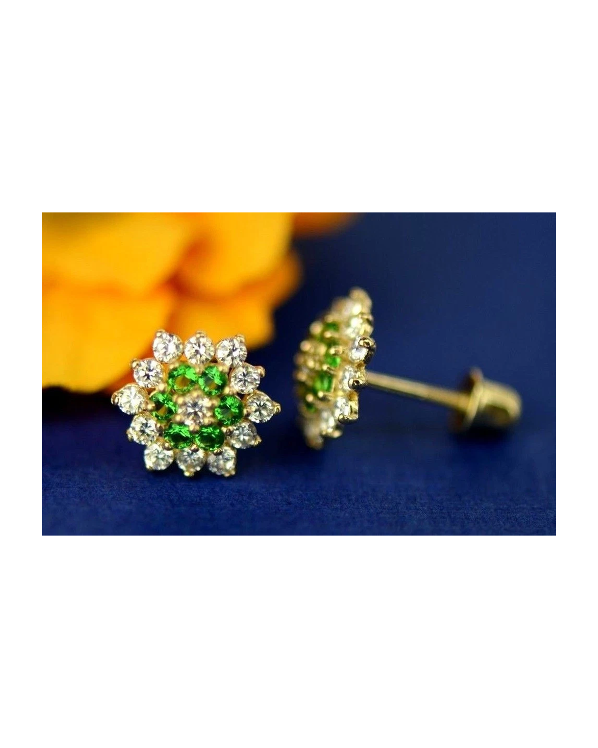 14K Yellow Gold Flower CZ Stud Earrings with Screw Back