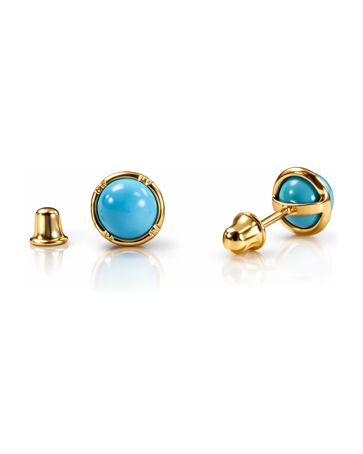14K Yellow and White Gold Round Turquoise Stud Earrings with Screw Back