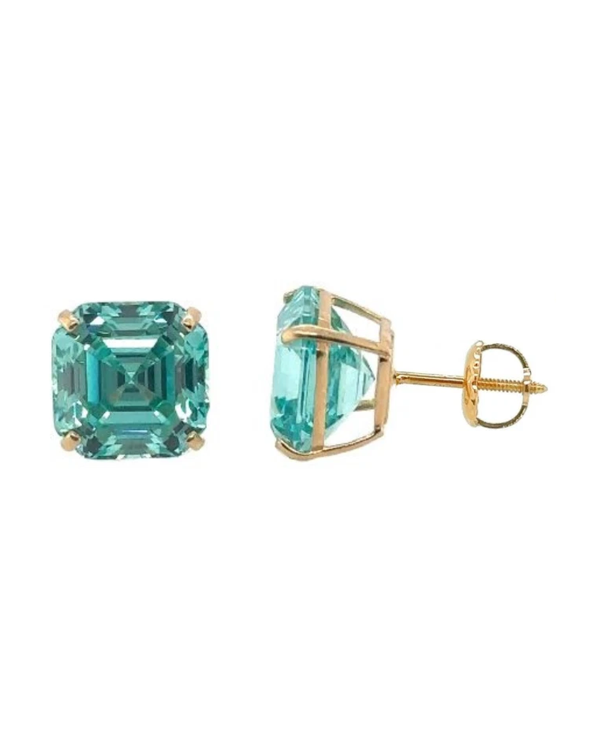 14K Yellow Gold Asscher Cut CZ Stud Earrings with Screw Back - 5mm to 10mm