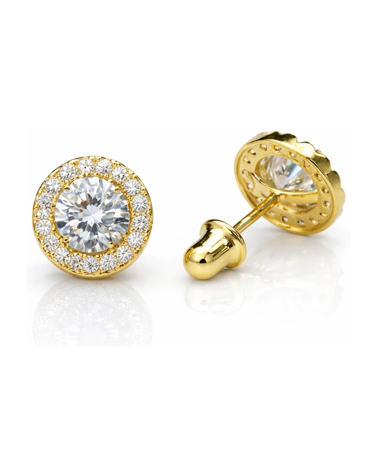 14K Yellow Gold Halo CZ Stud Earrings with Screw Back