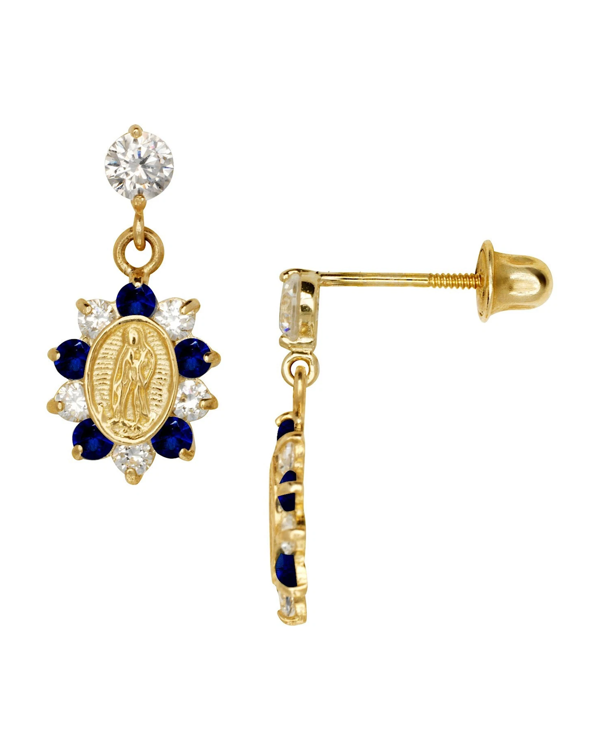 14K Yellow Gold Virgen de Guadalupe CZ Stud Earrings with Screw Back