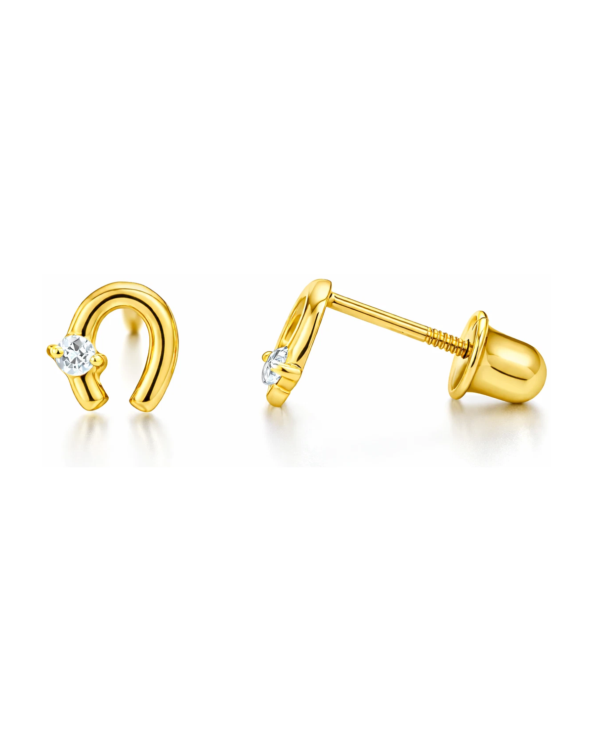 14K Yellow and White Gold Horseshoe CZ Stud Earrings with Screw Back - Clear, Pink and Ruby