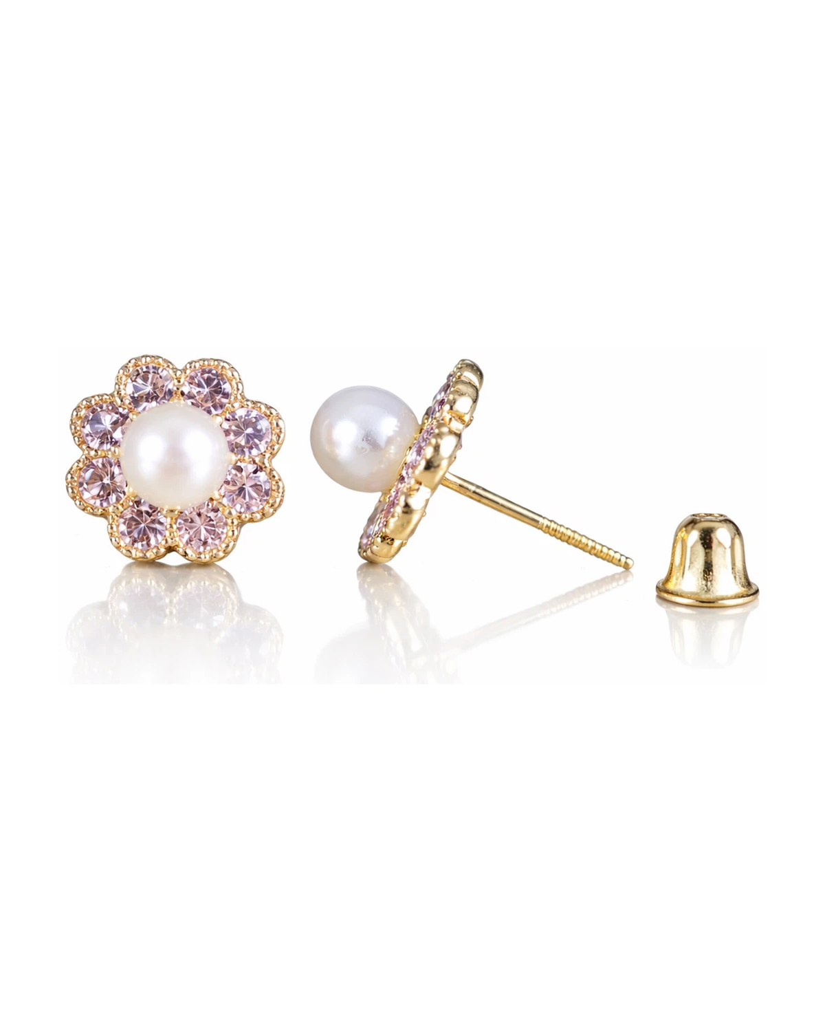 14K Yellow and White Gold Flower Pearl CZ Birthstone Stud Earrings with Screw Back