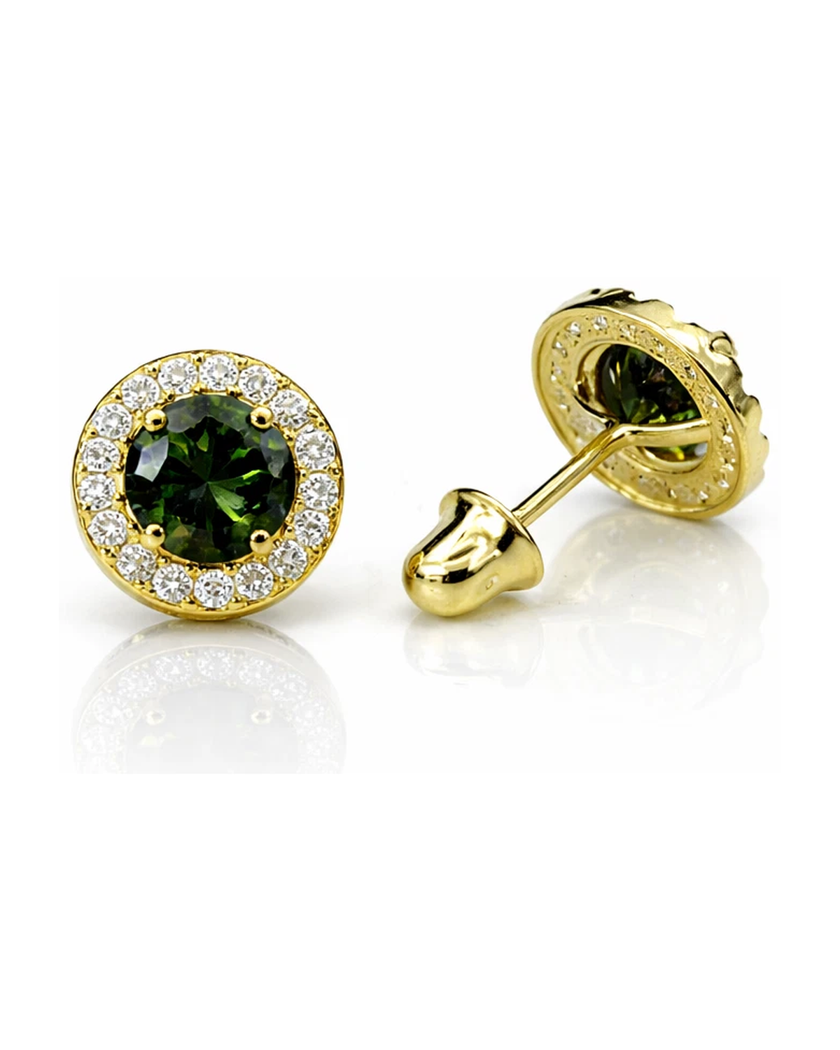 14K Yellow Gold Halo CZ Stud Earrings with Screw Back