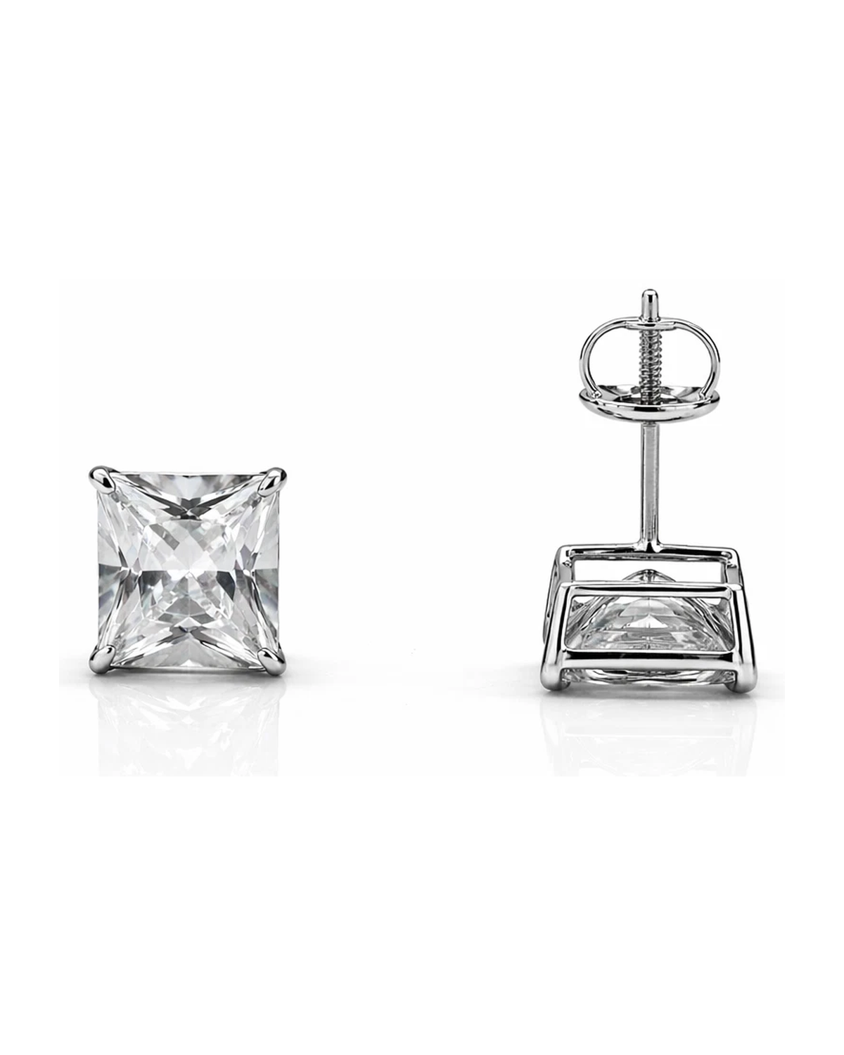 14K White Gold Square CZ Stud Earrings with Screw Back - 3x3mm to 10x10mm
